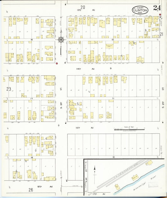 Sanborn Fire Insurance Map from Clinton, Clinton County, Iowa (1917), Sheet #0024 - Historic Sanborn Fire Insurance Map Print, vintage old map wall art