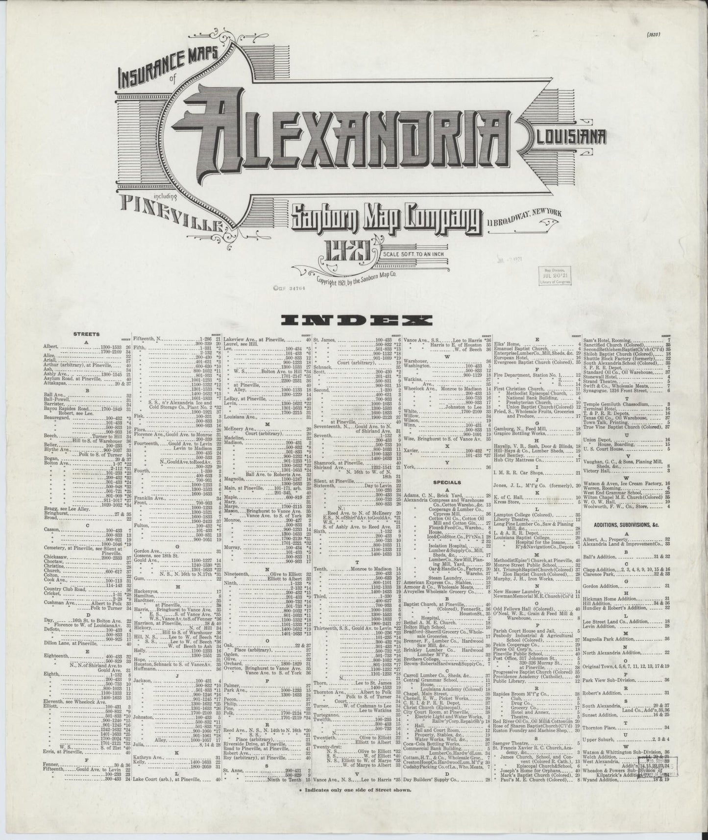 Sanborn Fire Insurance Map from Alexandria, Rapides Parish, Louisiana. (1921) – Historic Sanborn Fire Insurance Map Print