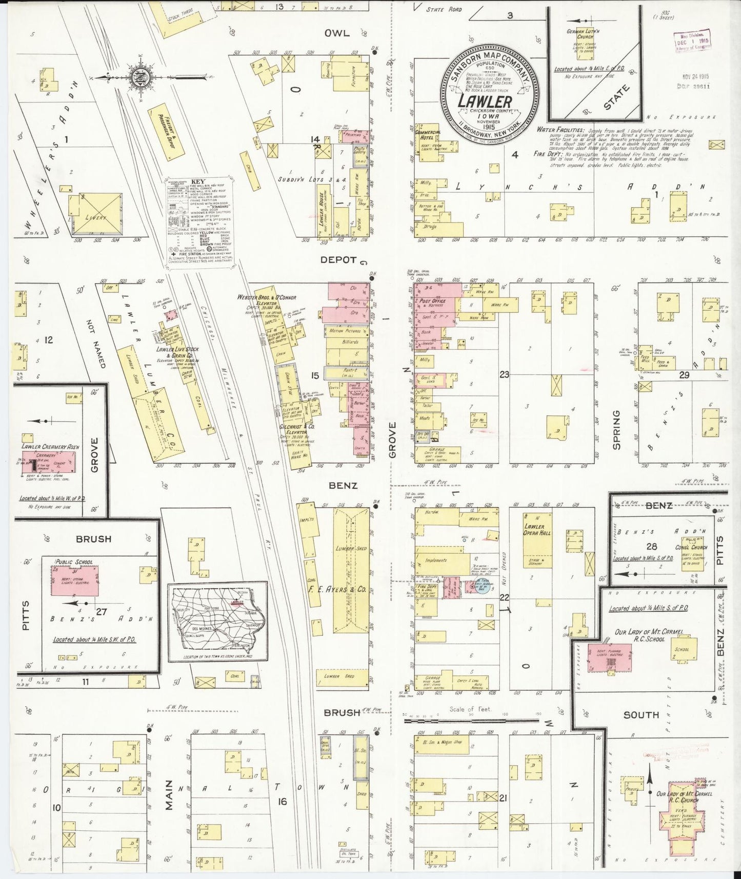 Sanborn Fire Insurance Map from Lawler, Chickasaw County, Iowa (1915), Sheet #0001 - Historic Sanborn Fire Insurance Map Print, vintage old map wall art