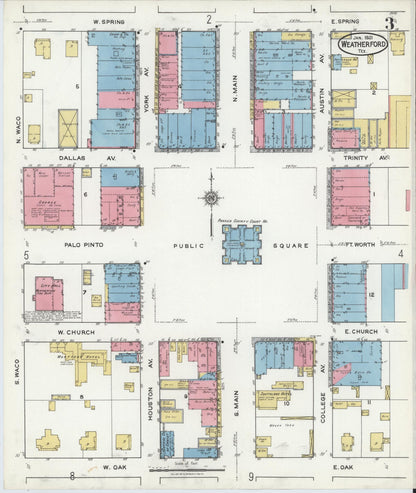 Sanborn Fire Insurance Map from Weatherford, Parker County, Texas (1921), Sheet #0003 - Complete Map Set gallery image, historic Sanborn map, vintage wall art, Texas Texas