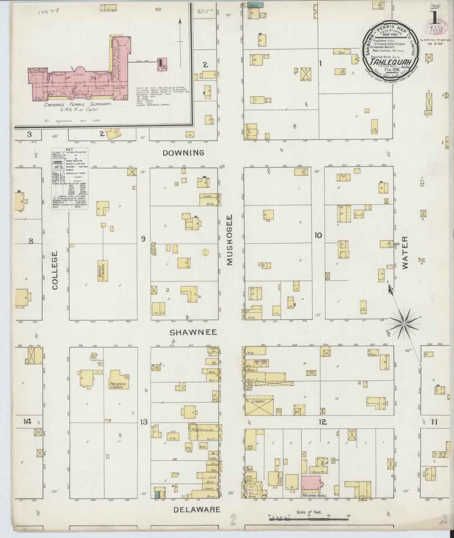 Sanborn Fire Insurance Map from Tahlequah, Cherokee County, Oklahoma (1894), Sheet #0001 - Complete Map Set gallery image, historic Sanborn map, vintage wall art, Oklahoma Oklahoma