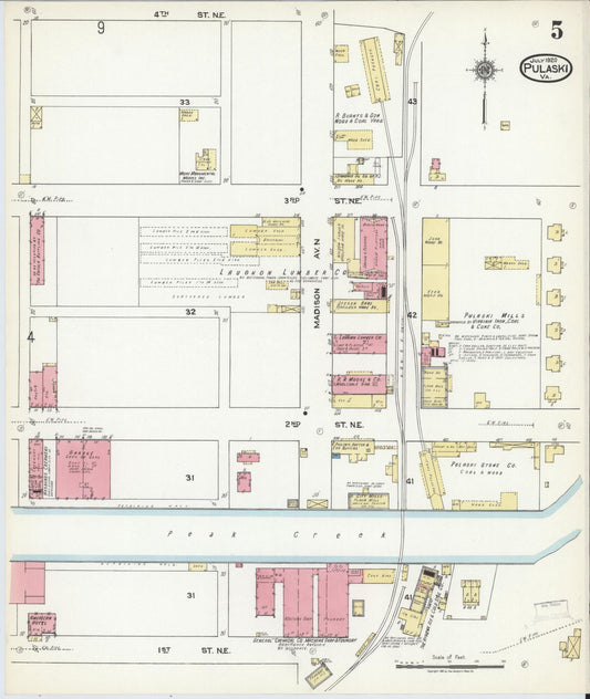 Sanborn Fire Insurance Map from Pulaski, Pulaski County, Virginia (1920), Sheet #0005 - Historic Sanborn Fire Insurance Map Print, vintage old map wall art, antique decor, genealogy gift, Virginia Virginia map
