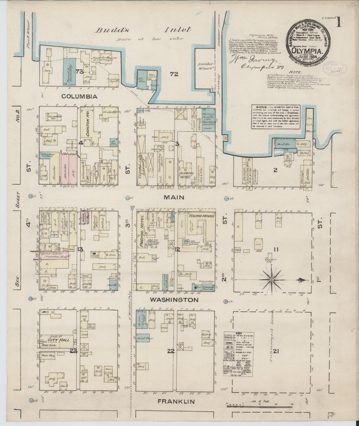 Sanborn Fire Insurance Map from Olympia, Thurston County, Washington (1884), Sheet #0001 - Complete Map Set gallery image, historic Sanborn map, vintage wall art, Washington Washington