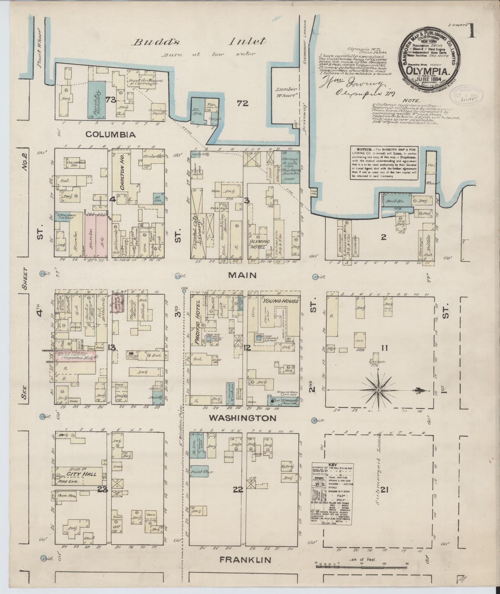 Sanborn Fire Insurance Map from Olympia, Thurston County, Washington (1884), Sheet #0001 - Complete Map Set gallery image, historic Sanborn map, vintage wall art, Washington Washington