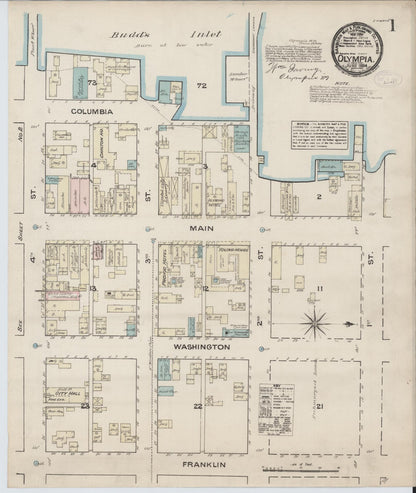 Sanborn Fire Insurance Map from Olympia, Thurston County, Washington (1884), Sheet #0001 - Complete Map Set gallery image, historic Sanborn map, vintage wall art, Washington Washington