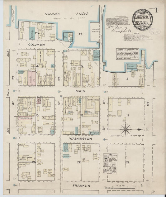 Sanborn Fire Insurance Map from Olympia, Thurston County, Washington (1884), Sheet #0001 - Complete Map Set gallery image, historic Sanborn map, vintage wall art, Washington Washington