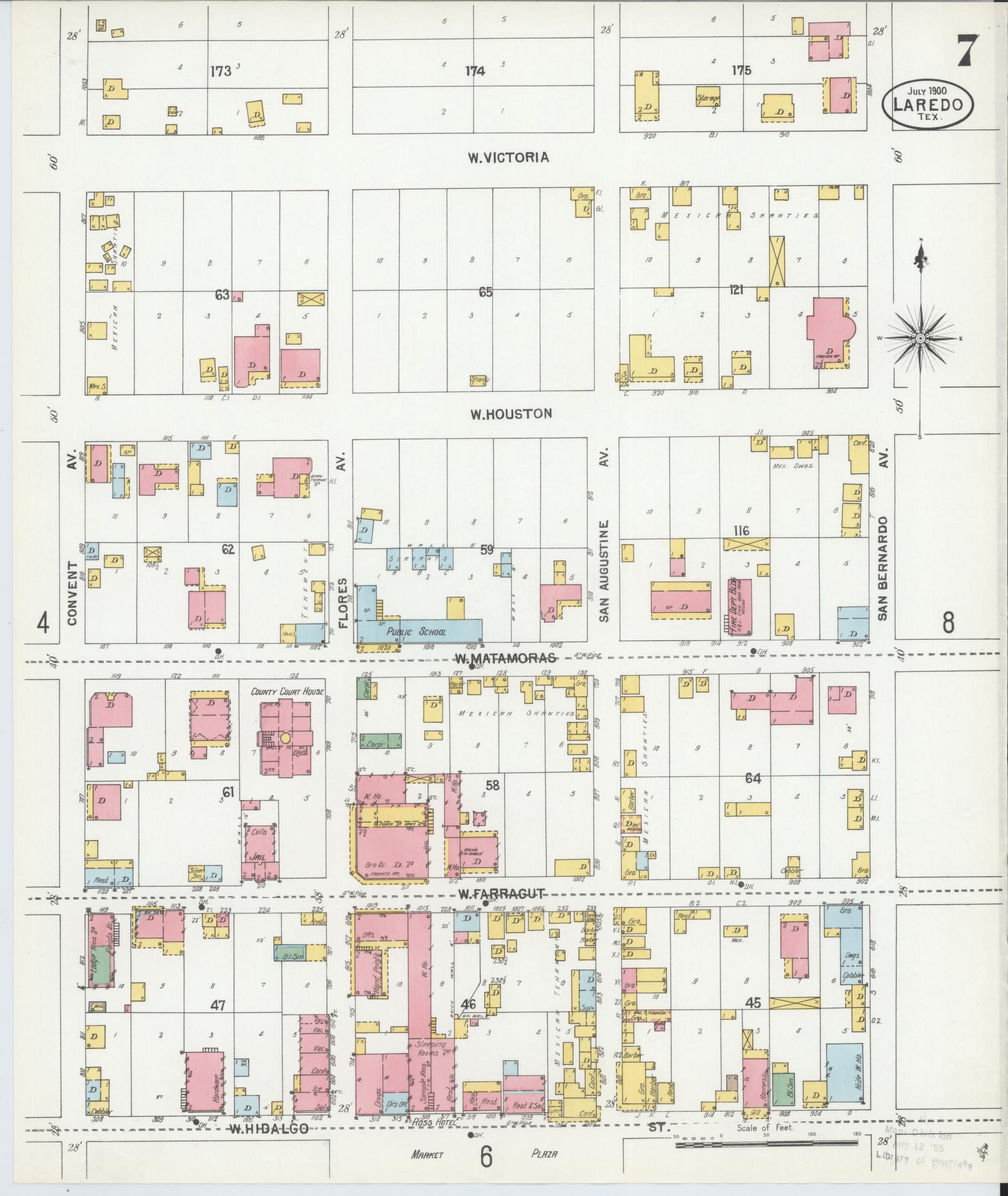 Sanborn Fire Insurance Map from Laredo, Webb County, Texas (1900), Sheet #0007 - Historic Sanborn Fire Insurance Map Print, vintage old map wall art, antique decor, genealogy gift, Texas Texas map