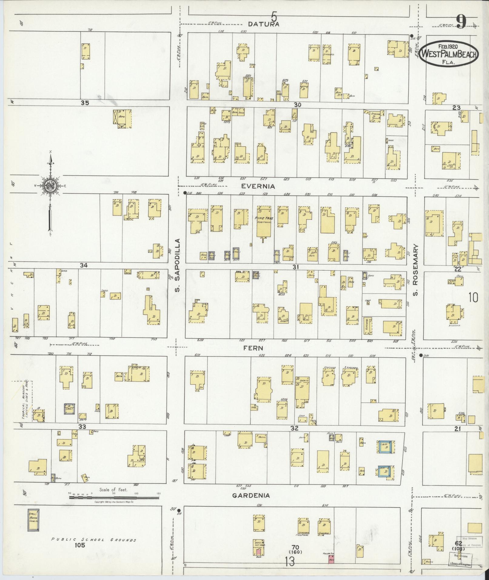 Sanborn Fire Insurance Map from West Palm Beach, Dade County, Florida (1920), Sheet #0009 - Historic Sanborn Fire Insurance Map Print, vintage old map wall art, antique decor, genealogy gift, Florida Florida map
