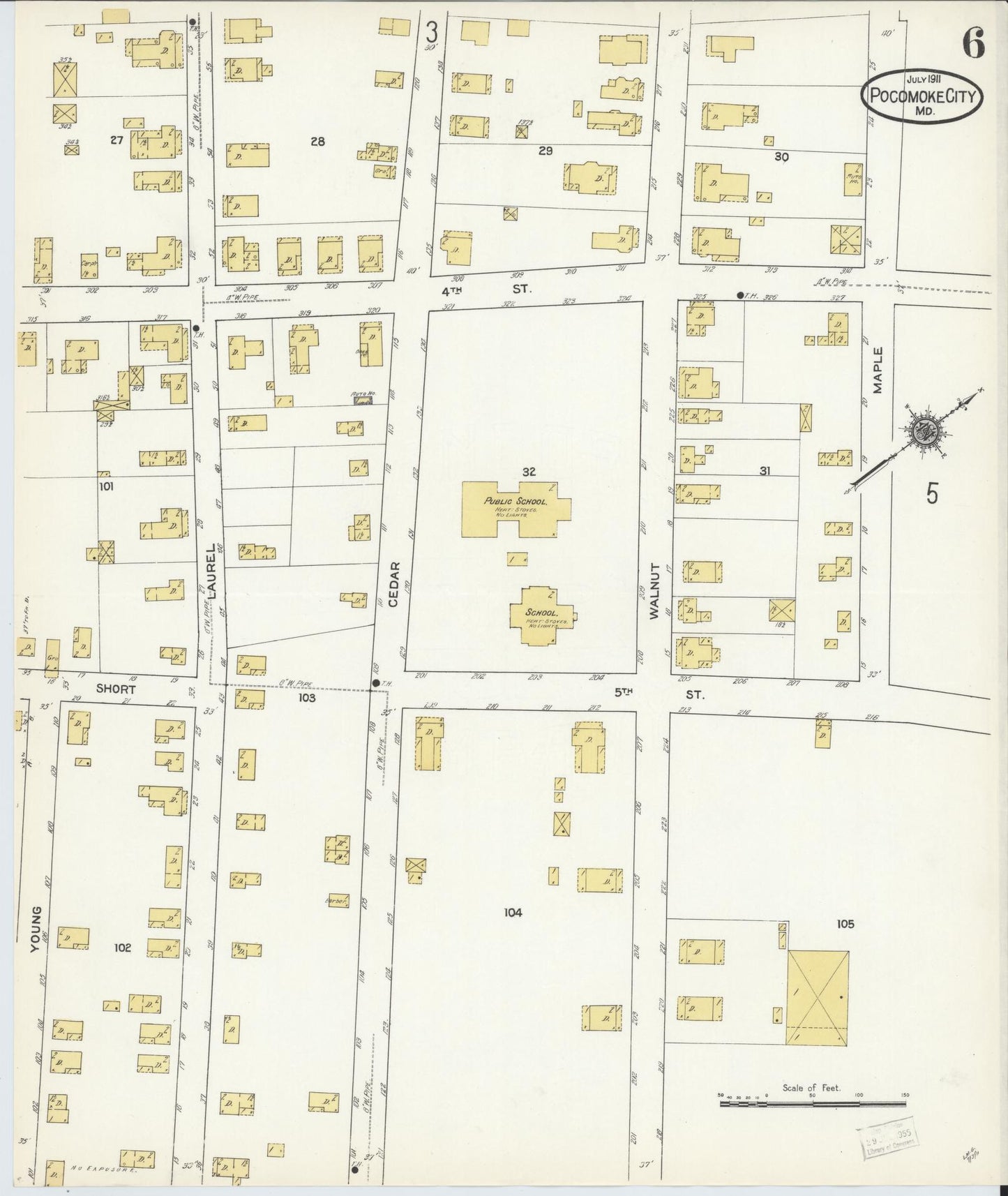 Sanborn Fire Insurance Map from Pocomoke City, Worcester County, Maryland (1911), Sheet #0006 - Historic Sanborn Fire Insurance Map Print, vintage old map wall art