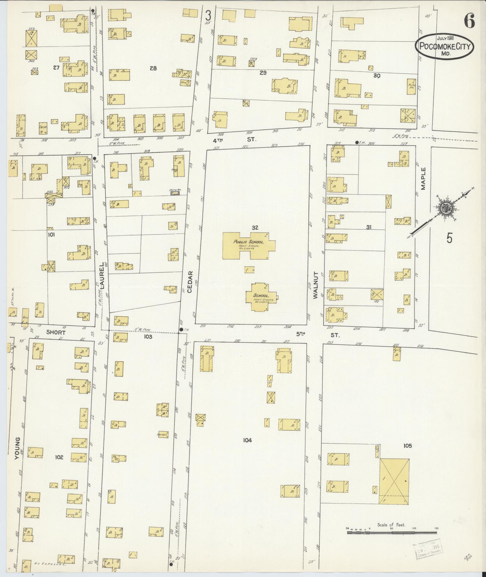 Sanborn Fire Insurance Map from Pocomoke City, Worcester County, Maryland (1911), Sheet #0006 - Historic Sanborn Fire Insurance Map Print, vintage old map wall art