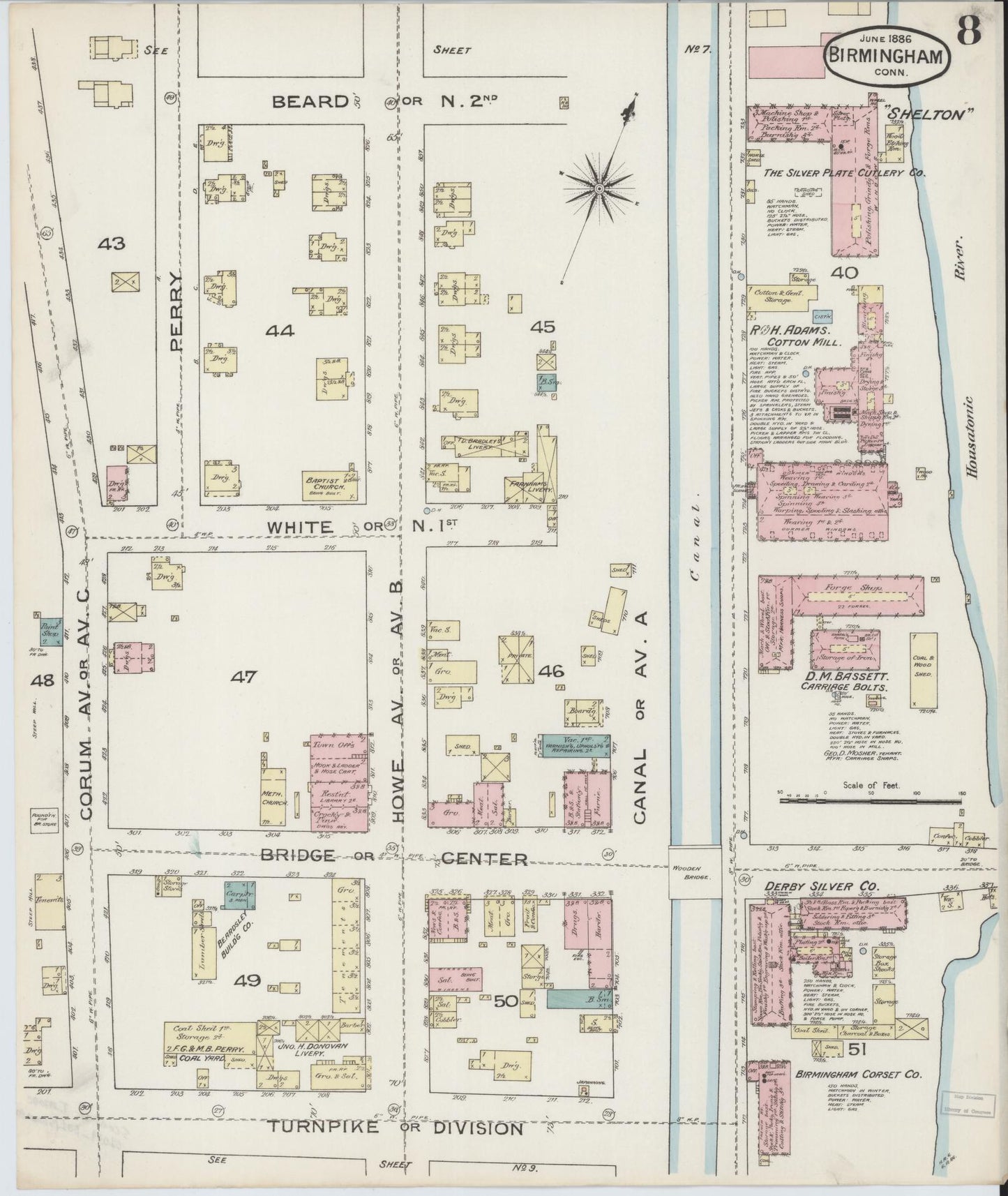 Sanborn Fire Insurance Map from Birmingham, New Haven County, Connecticut (1886), Sheet #0008 - Historic Sanborn Fire Insurance Map Print, vintage old map wall art, antique decor, genealogy gift, Connecticut Connecticut map