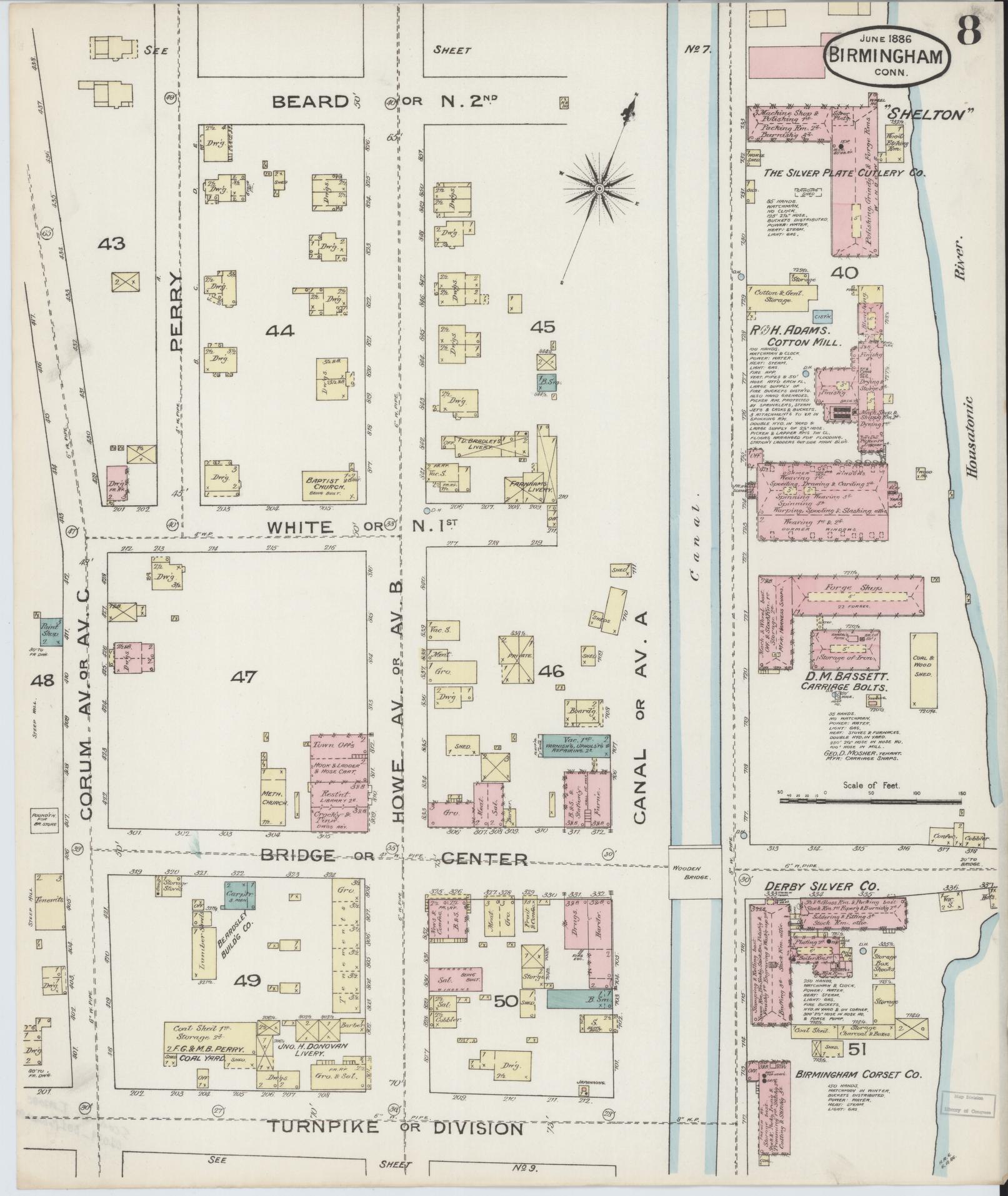Sanborn Fire Insurance Map from Birmingham, New Haven County, Connecticut (1886), Sheet #0008 - Historic Sanborn Fire Insurance Map Print, vintage old map wall art, antique decor, genealogy gift, Connecticut Connecticut map