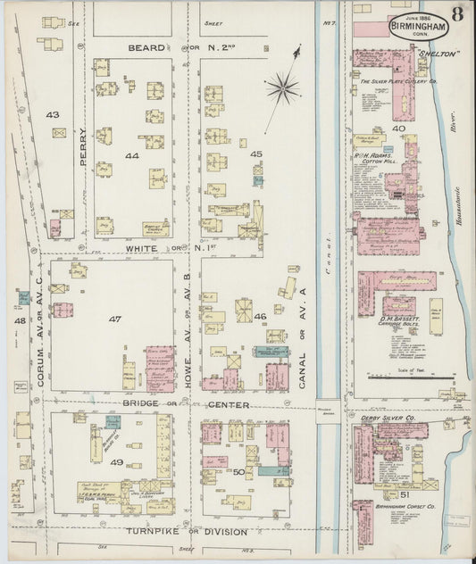 Sanborn Fire Insurance Map from Birmingham, New Haven County, Connecticut (1886), Sheet #0008 - Historic Sanborn Fire Insurance Map Print, vintage old map wall art, antique decor, genealogy gift, Connecticut Connecticut map