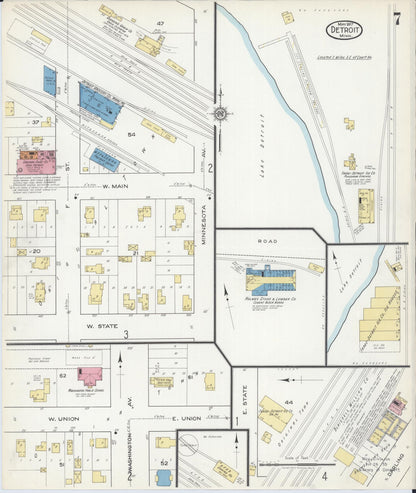 Sanborn Fire Insurance Map from Detroit Lakes, Becker County, Minnesota (1917), Sheet #0007 - Historic Sanborn Fire Insurance Map Print, vintage old map wall art, antique decor, genealogy gift, Minnesota Minnesota map