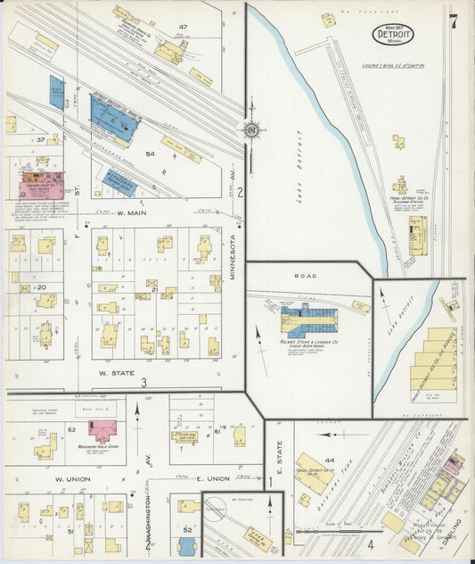 Sanborn Fire Insurance Map from Detroit Lakes, Becker County, Minnesota (1917), Sheet #0007 - Historic Sanborn Fire Insurance Map Print, vintage old map wall art, antique decor, genealogy gift, Minnesota Minnesota map