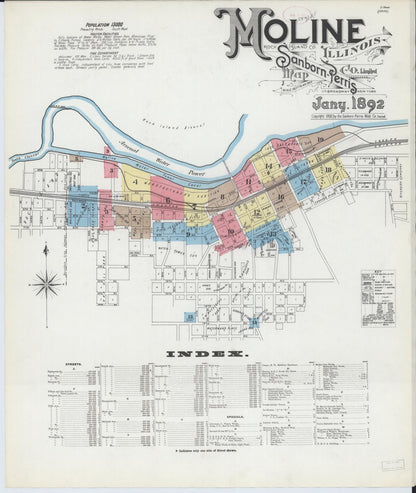 Sanborn Fire Insurance Map from Moline, Rock Island County, Illinois (1892), Sheet #0001 - Historic Sanborn Fire Insurance Map Print, vintage old map wall art, antique decor, genealogy gift, Illinois Illinois map