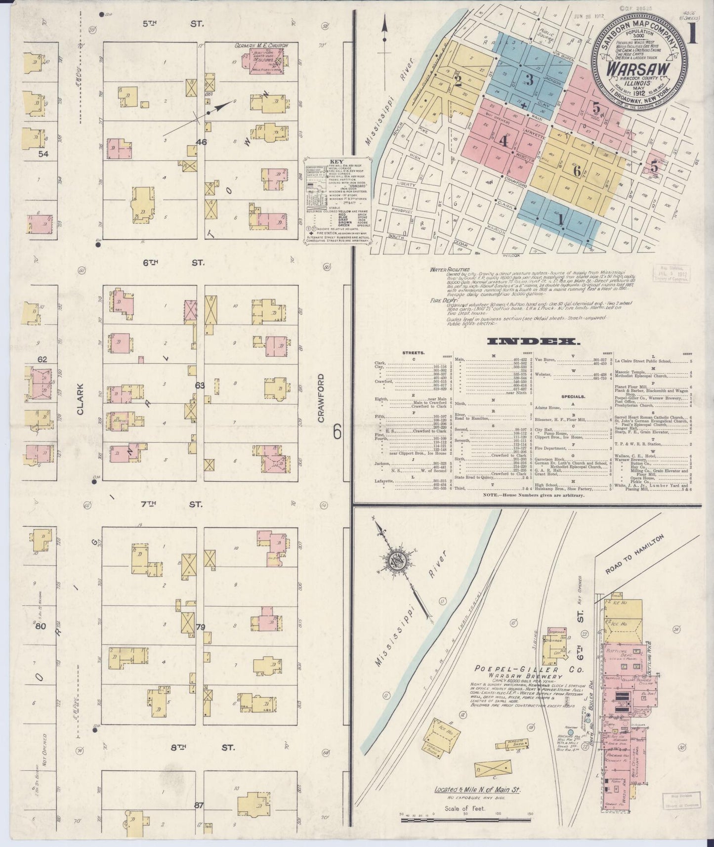 Sanborn Fire Insurance Map from Warsaw, Hancock County, Illinois (1912), Sheet #0001 - Historic Sanborn Fire Insurance Map Print, vintage old map wall art, antique decor, genealogy gift, Illinois Illinois map