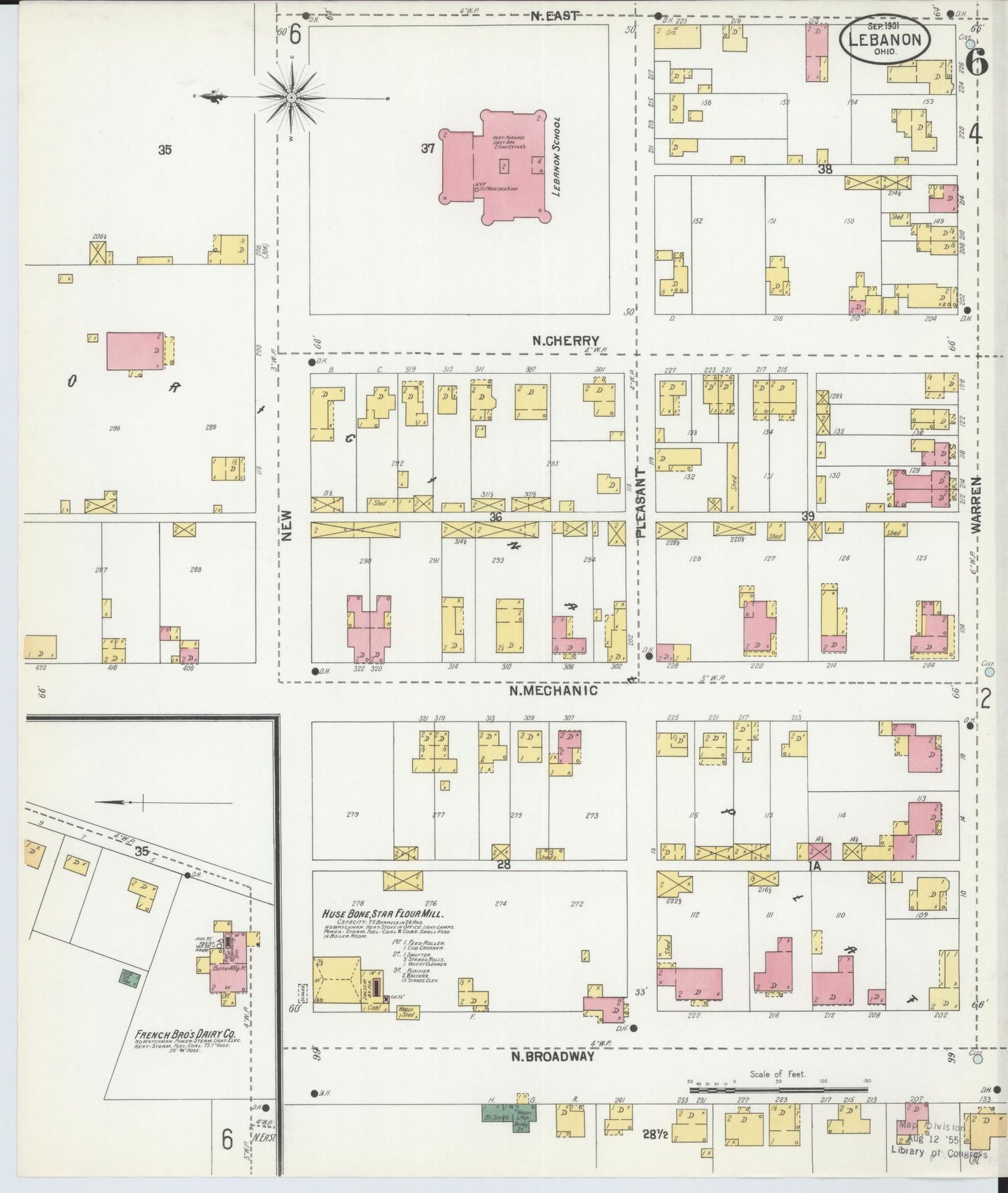 Sanborn Fire Insurance Map from Lebanon, Warren County, Ohio (1901), Sheet #0006 - Historic Sanborn Fire Insurance Map Print, vintage old map wall art, antique decor, genealogy gift, Ohio Ohio map