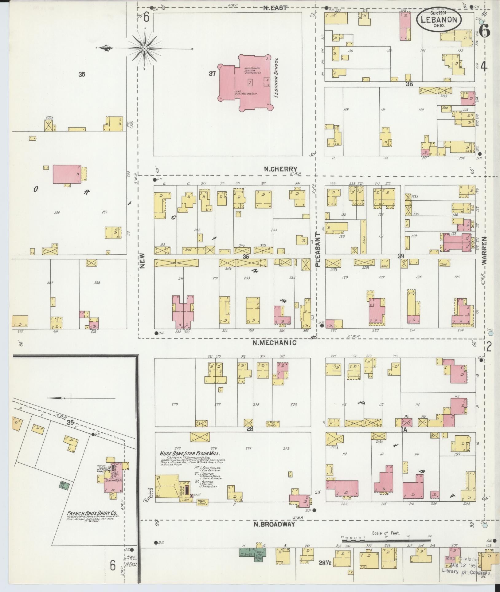 Sanborn Fire Insurance Map from Lebanon, Warren County, Ohio (1901), Sheet #0006 - Historic Sanborn Fire Insurance Map Print, vintage old map wall art, antique decor, genealogy gift, Ohio Ohio map