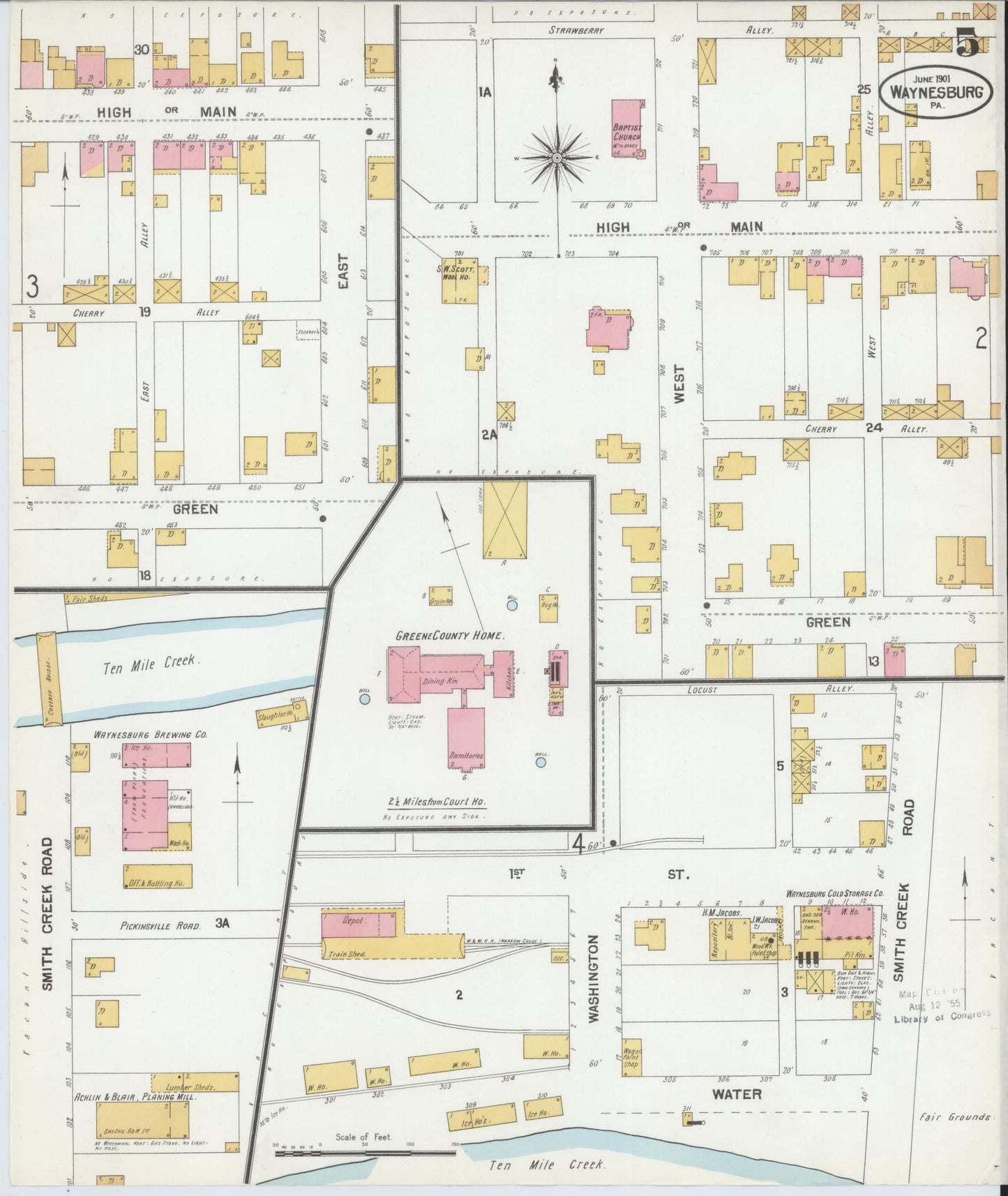 Sanborn Fire Insurance Map from Waynesburg, Greene County, Pennsylvania (1901), Sheet #0005 - Complete Map Set gallery image, historic Sanborn map, vintage wall art, Pennsylvania Pennsylvania