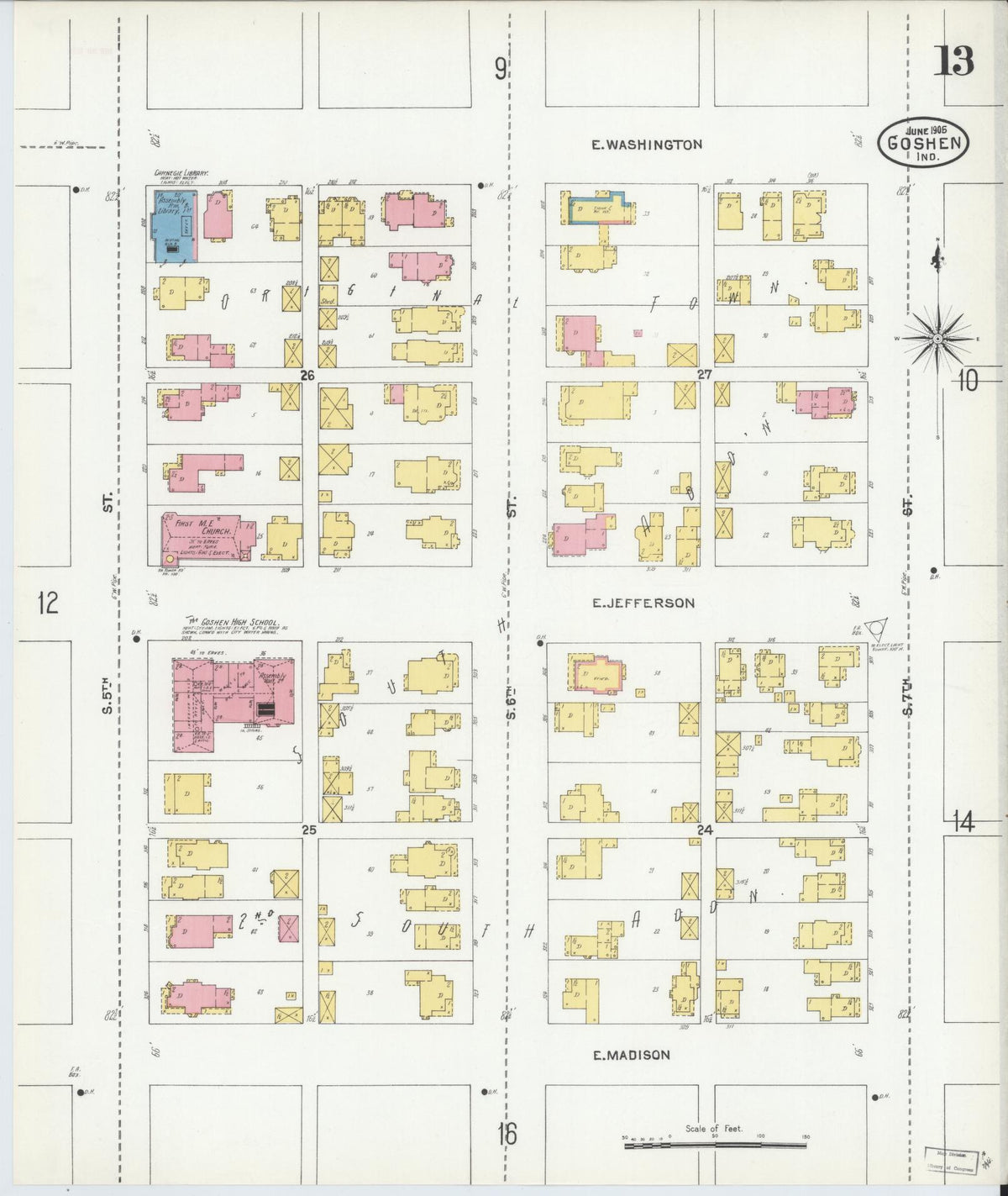 Sanborn Fire Insurance Map from Goshen, Elkhart County, Indiana (1905), Sheet #0013 - Historic Sanborn Fire Insurance Map Print, vintage old map wall art, antique decor, genealogy gift, Indiana Indiana map