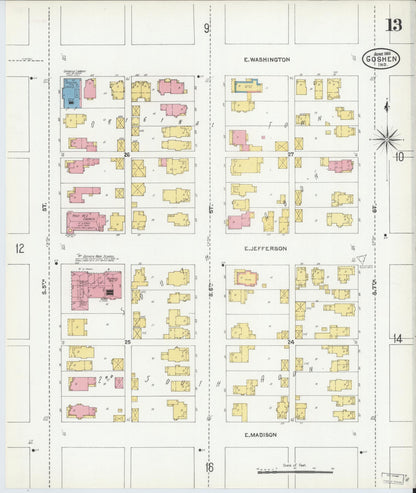 Sanborn Fire Insurance Map from Goshen, Elkhart County, Indiana (1905), Sheet #0013 - Historic Sanborn Fire Insurance Map Print, vintage old map wall art, antique decor, genealogy gift, Indiana Indiana map