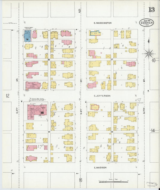Sanborn Fire Insurance Map from Goshen, Elkhart County, Indiana (1905), Sheet #0013 - Historic Sanborn Fire Insurance Map Print, vintage old map wall art, antique decor, genealogy gift, Indiana Indiana map