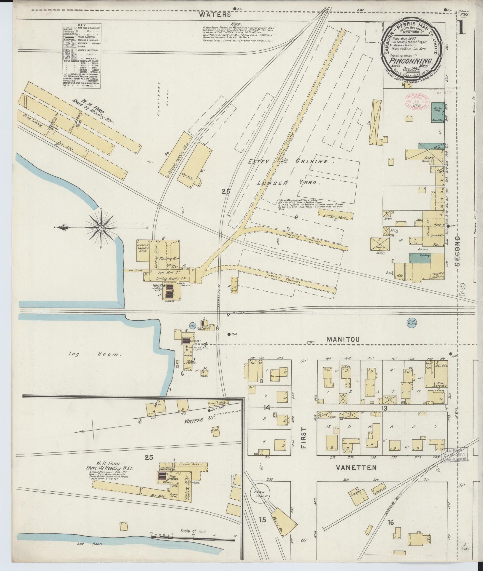 Sanborn Fire Insurance Map from Pinconning, Bay County, Michigan (1894), Sheet #0001 - Complete Map Set gallery image, historic Sanborn map, vintage wall art, Michigan Michigan