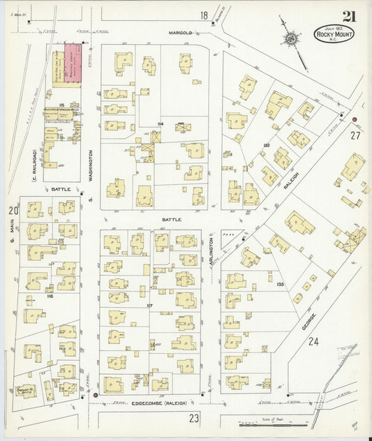 Sanborn Fire Insurance Map from Rocky Mount, Edgecombe And Nash Counties, North Carolina (1912), Sheet #0021 - Historic Sanborn Fire Insurance Map Print, vintage old map wall art, antique decor, genealogy gift, North Carolina North Carolina map