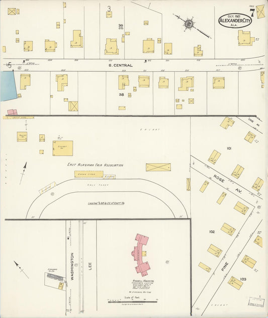 Sanborn Fire Insurance Map from Alexander City, Tallapoosa County, Alabama (1921), Sheet #0007 - Historic Sanborn Fire Insurance Map Print, vintage old map wall art, antique decor, genealogy gift, Alabama Alabama map