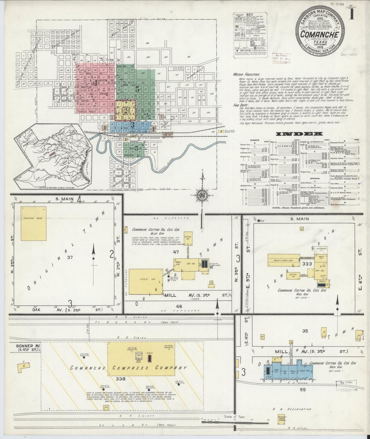 Sanborn Fire Insurance Map from Comanche, Comanche County, Texas (1915), Sheet #0001 - Historic Sanborn Fire Insurance Map Print, vintage old map wall art, antique decor, genealogy gift, Texas Texas map