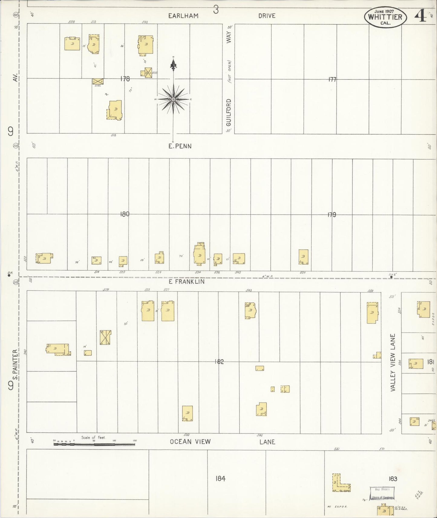 Sanborn Fire Insurance Map from Whittier, Los Angeles County, California (1907), Sheet #0004 - Complete Map Set gallery image, historic Sanborn map, vintage wall art, California California