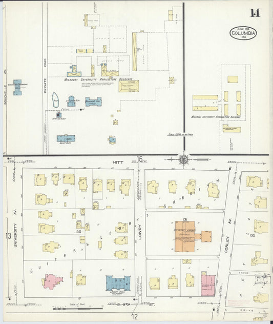 Sanborn Fire Insurance Map from Columbia, Boone County, Missouri (1914), Sheet #0014 - Historic Sanborn Fire Insurance Map Print, vintage old map wall art, antique decor, genealogy gift, Missouri Missouri map