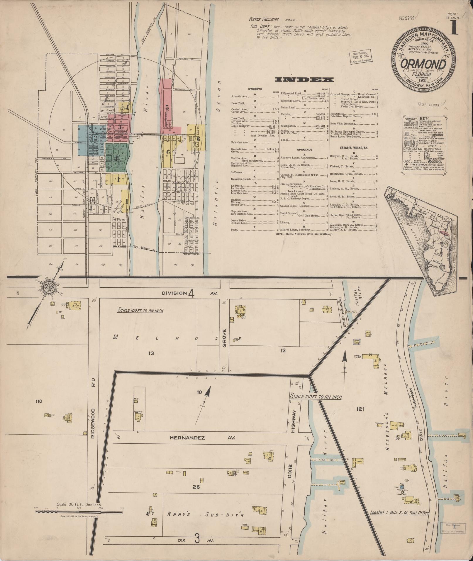 Sanborn Fire Insurance Map from Ormond, Volusia County, Florida (1921), Sheet #0001 - Complete Map Set gallery image, historic Sanborn map, vintage wall art, Florida Florida