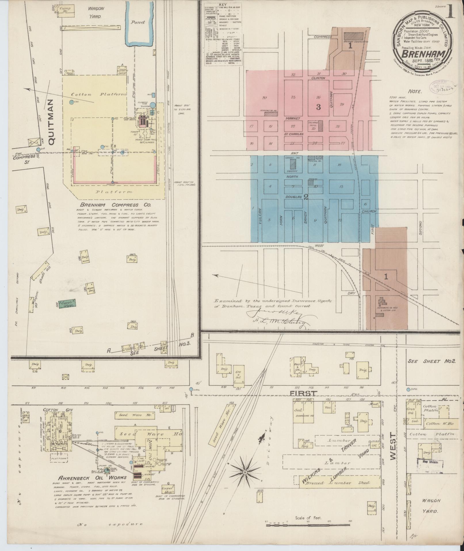 Sanborn Fire Insurance Map from Brenham, Washington County, Texas (1885), Sheet #0001 - Historic Sanborn Fire Insurance Map Print, vintage old map wall art, antique decor, genealogy gift, Texas Texas map