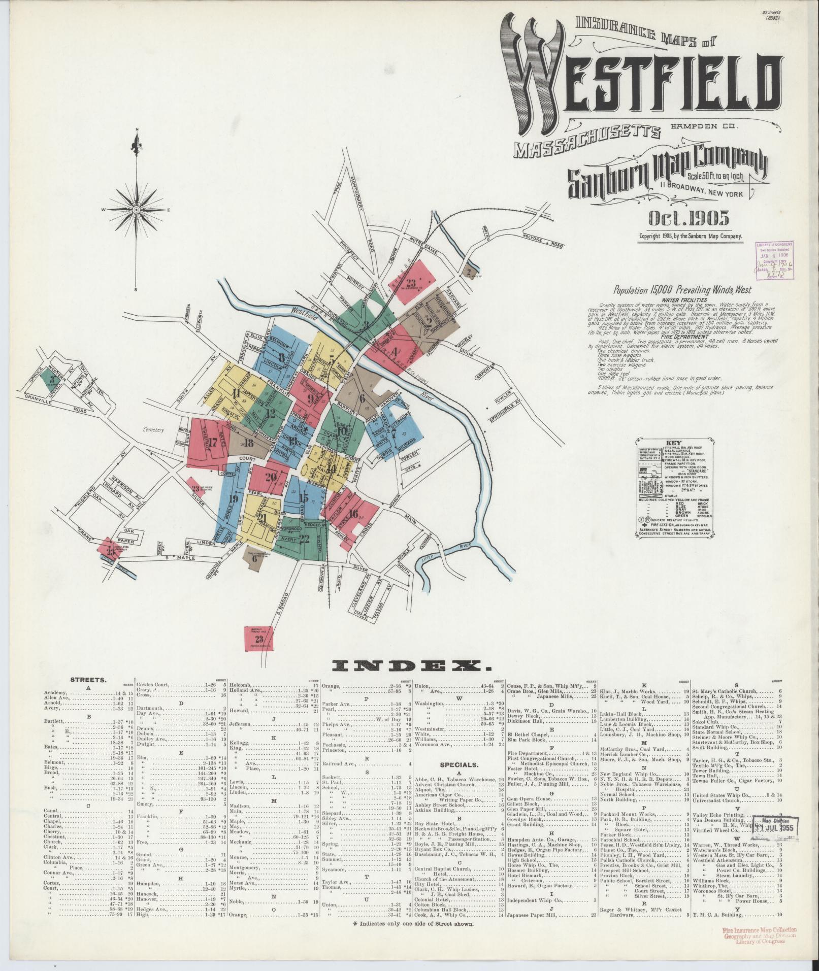 Sanborn Fire Insurance Map from Westfield, Hampden County, Massachusetts (1905), Sheet #0001 - Historic Sanborn Fire Insurance Map Print, vintage old map wall art, antique decor, genealogy gift, Massachusetts Massachusetts map