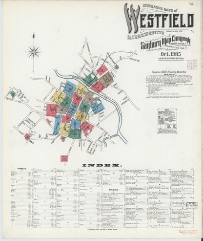 Sanborn Fire Insurance Map from Westfield, Hampden County, Massachusetts (1905), Sheet #0001 - Historic Sanborn Fire Insurance Map Print, vintage old map wall art, antique decor, genealogy gift, Massachusetts Massachusetts map