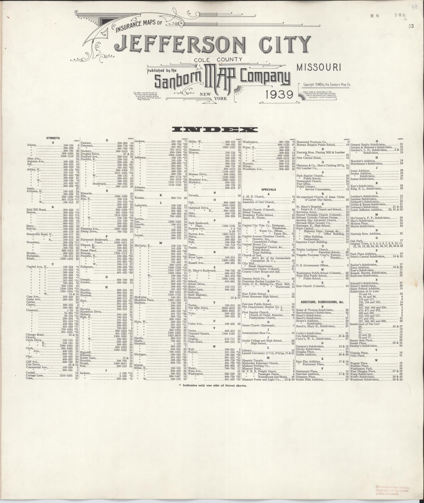 Sanborn Fire Insurance Map from Jefferson City, Cole County, Missouri. (1947) – Historic Sanborn Fire Insurance Map Print