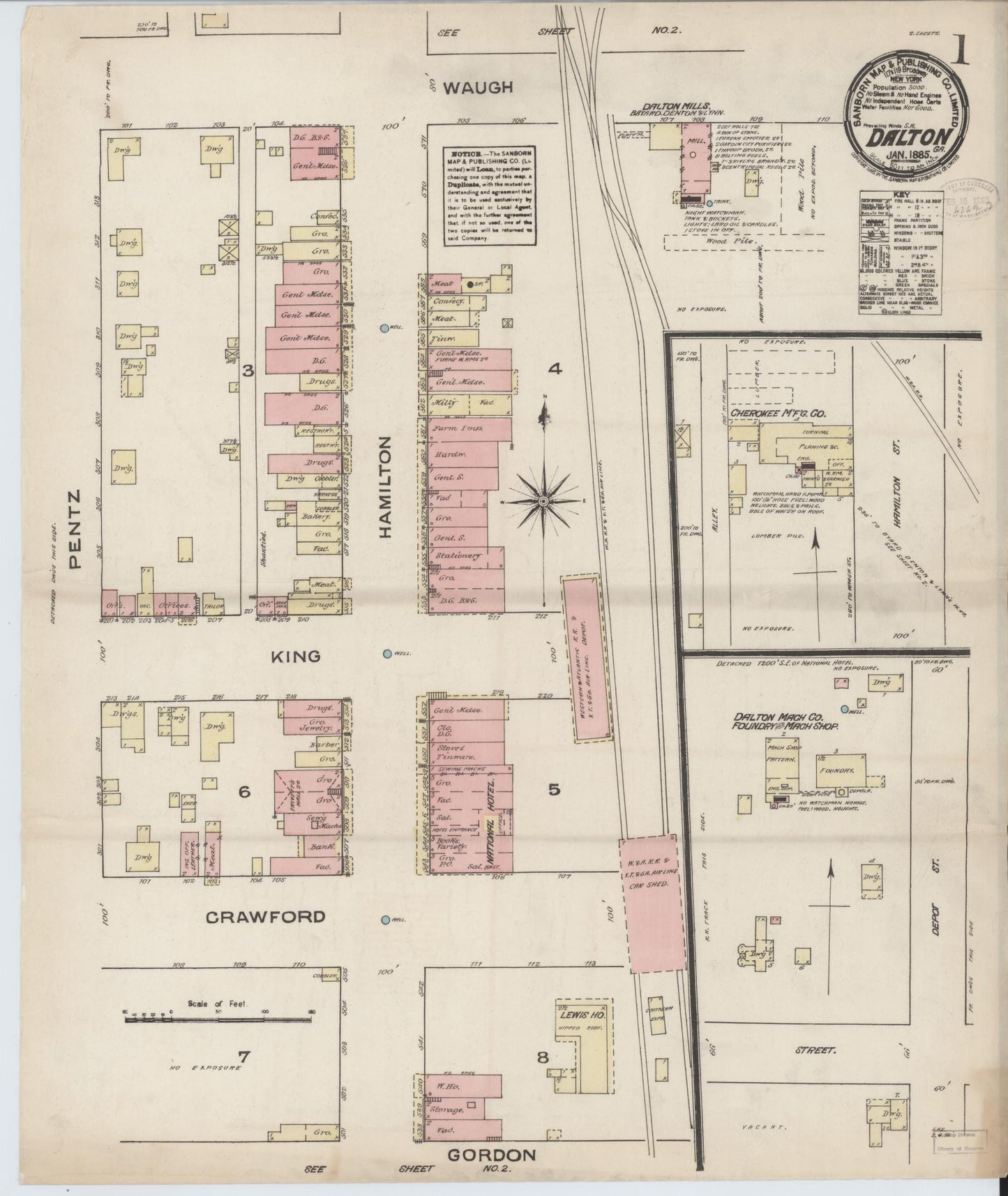 Sanborn Fire Insurance Map from Dalton, Whitfield County, Georgia (1885), Sheet #0001 - Complete Map Set gallery image, historic Sanborn map, vintage wall art, Georgia Georgia