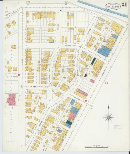 Sanborn Fire Insurance Map from Sault Sainte Marie, Chippewa County, Michigan (1906), Sheet #0021 - Historic Sanborn Fire Insurance Map Print, vintage old map wall art, antique decor, genealogy gift, Michigan Michigan map
