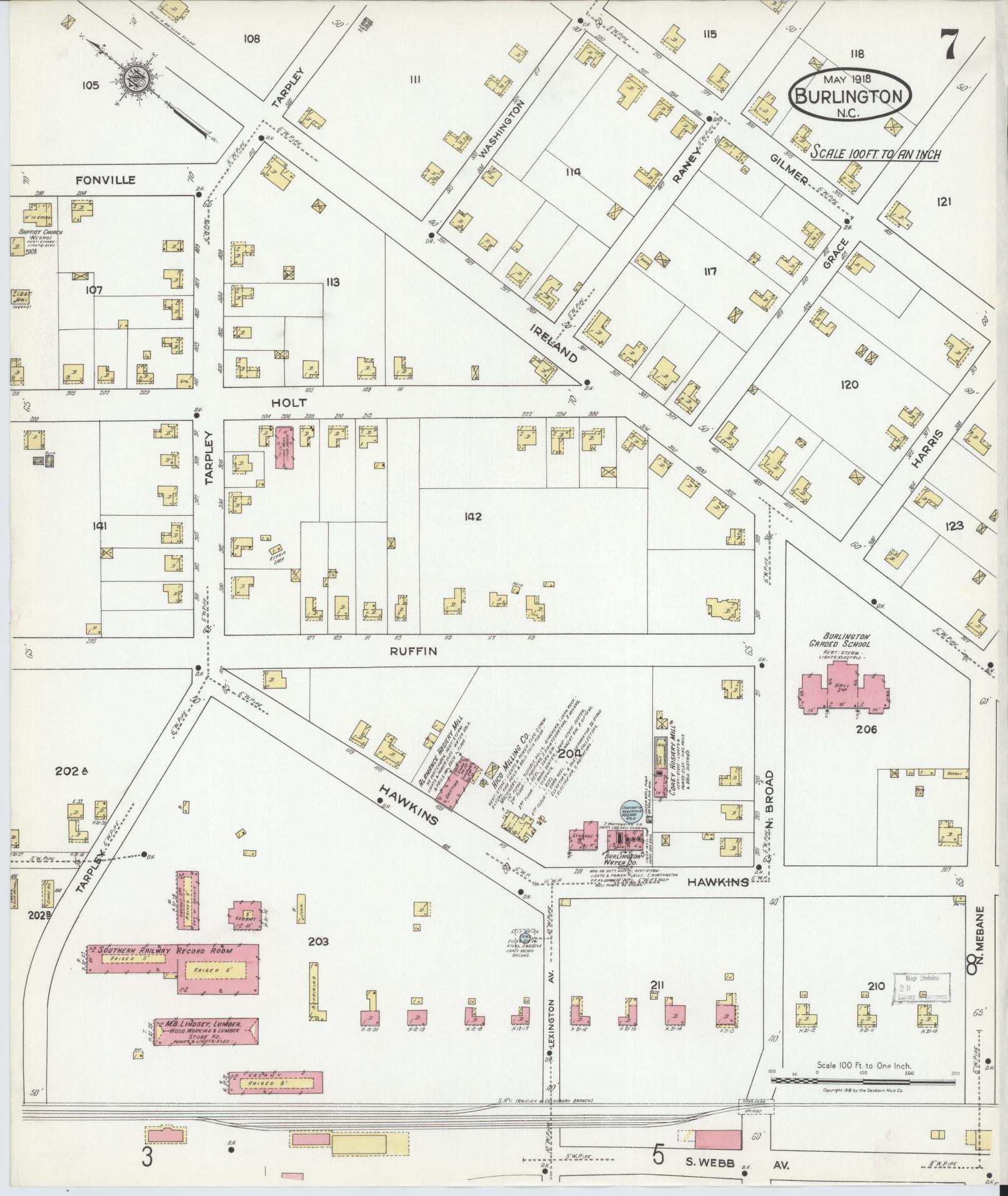 Sanborn Fire Insurance Map from Burlington, Alamance County, North Carolina (1918), Sheet #0007 - Complete Map Set gallery image, historic Sanborn map, vintage wall art, North Carolina North Carolina