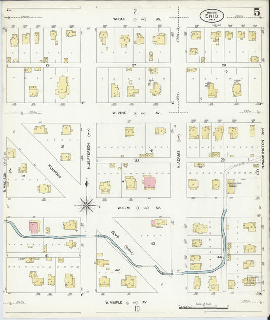 Sanborn Fire Insurance Map from Enid, Garfield County, Oklahoma (1908), Sheet #0005 - Historic Sanborn Fire Insurance Map Print, vintage old map wall art, antique decor, genealogy gift, Oklahoma Oklahoma map