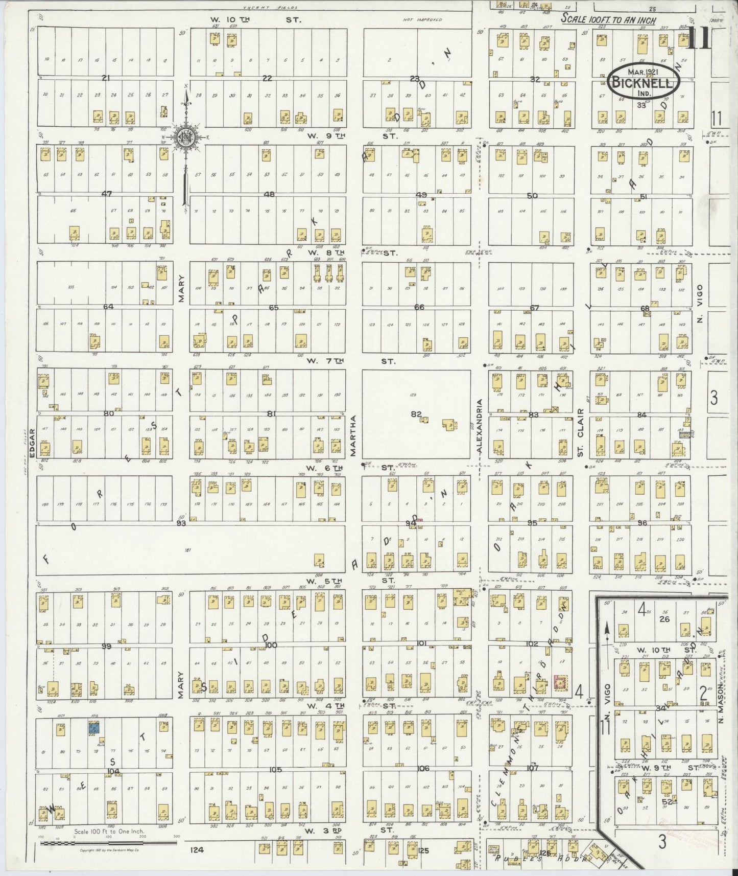 Sanborn Fire Insurance Map from Bicknell, Knox County, Indiana (1921), Sheet #0011 - Complete Map Set gallery image, historic Sanborn map, vintage wall art, Indiana Indiana