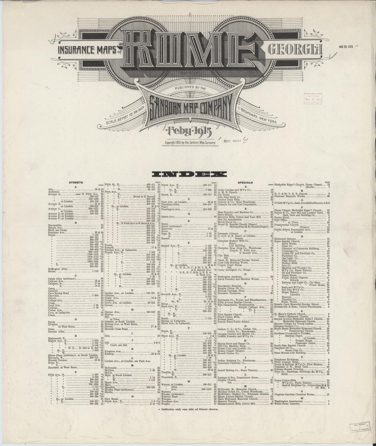 Sanborn Fire Insurance Map from Rome, Floyd County, Georgia (1915), Sheet #0001 - Historic Sanborn Fire Insurance Map Print, vintage old map wall art, antique decor, genealogy gift, Georgia Georgia map