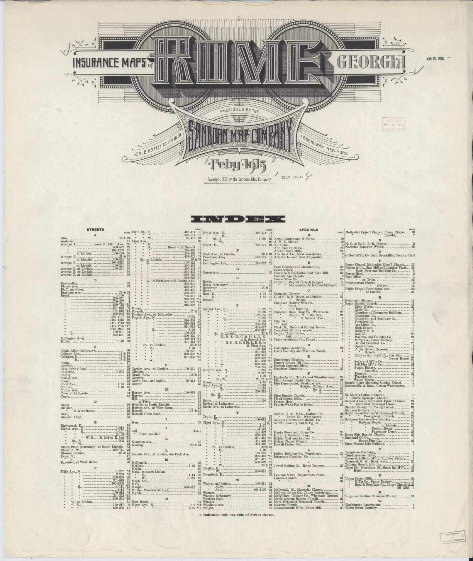 Sanborn Fire Insurance Map from Rome, Floyd County, Georgia (1915), Sheet #0001 - Historic Sanborn Fire Insurance Map Print, vintage old map wall art, antique decor, genealogy gift, Georgia Georgia map