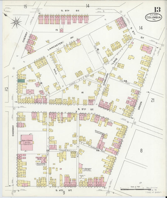 Sanborn Fire Insurance Map from Columbia, Lancaster County, Pennsylvania (1909), Sheet #0013 - Historic Sanborn Fire Insurance Map Print, vintage old map wall art, antique decor, genealogy gift, Pennsylvania Pennsylvania map