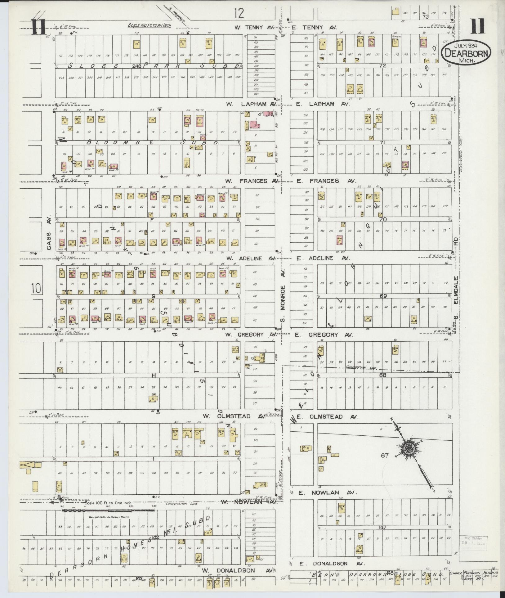 Sanborn Fire Insurance Map from Dearborn, Wayne County, Michigan (1924), Sheet #0011 - Complete Map Set gallery image, historic Sanborn map, vintage wall art, Michigan Michigan