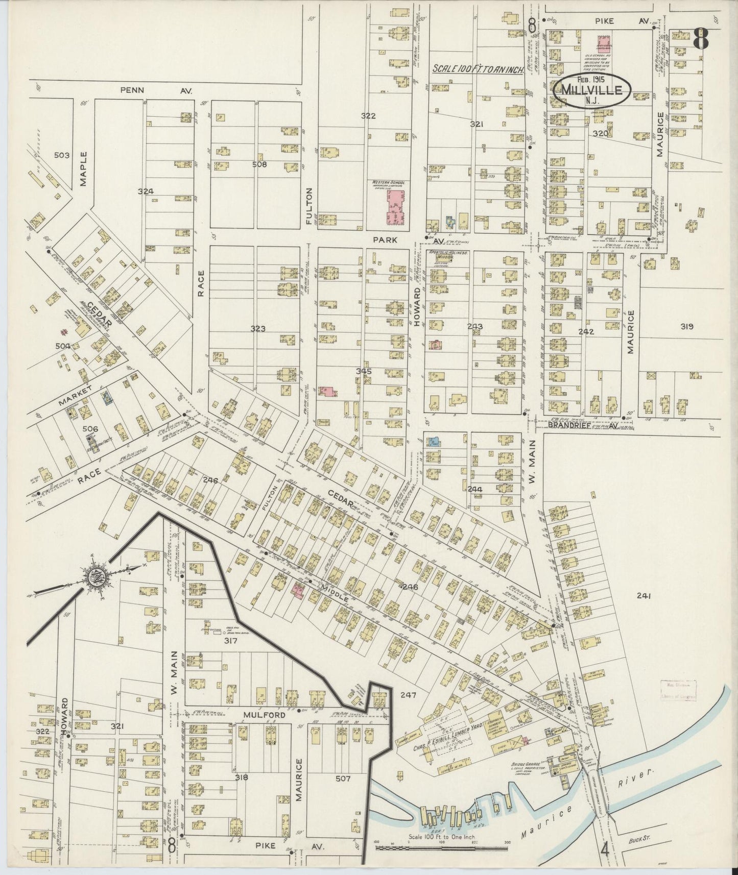 Sanborn Fire Insurance Map from Millville, Cumberland County, New Jersey (1915), Sheet #0008 - Historic Sanborn Fire Insurance Map Print, vintage old map wall art, antique decor, genealogy gift, New Jersey New Jersey map