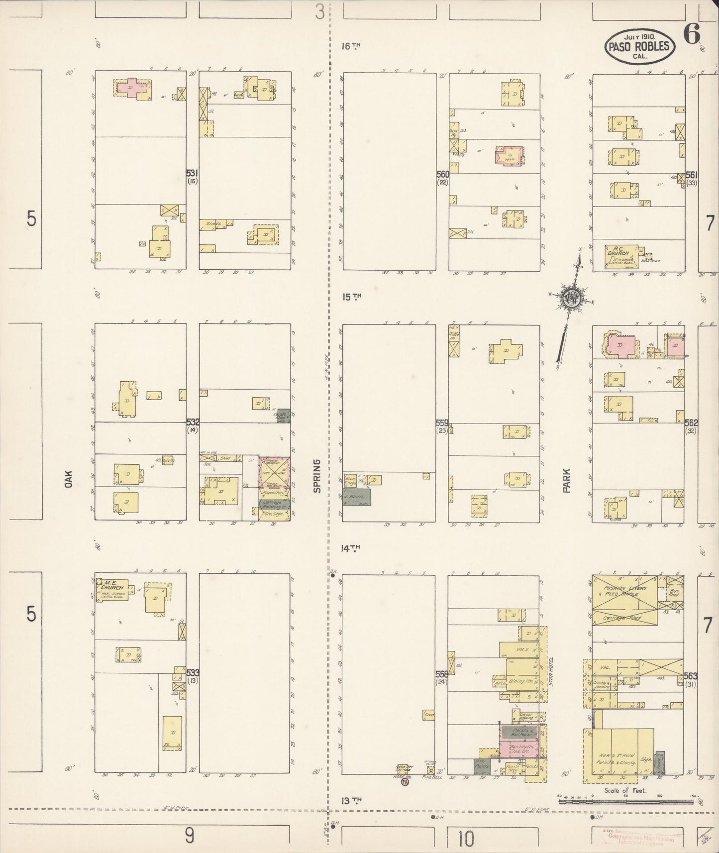 Sanborn Fire Insurance Map from Paso Robles, San Luis Obispo County, California (1910), Sheet #0006 - Complete Map Set gallery image, historic Sanborn map, vintage wall art, California California