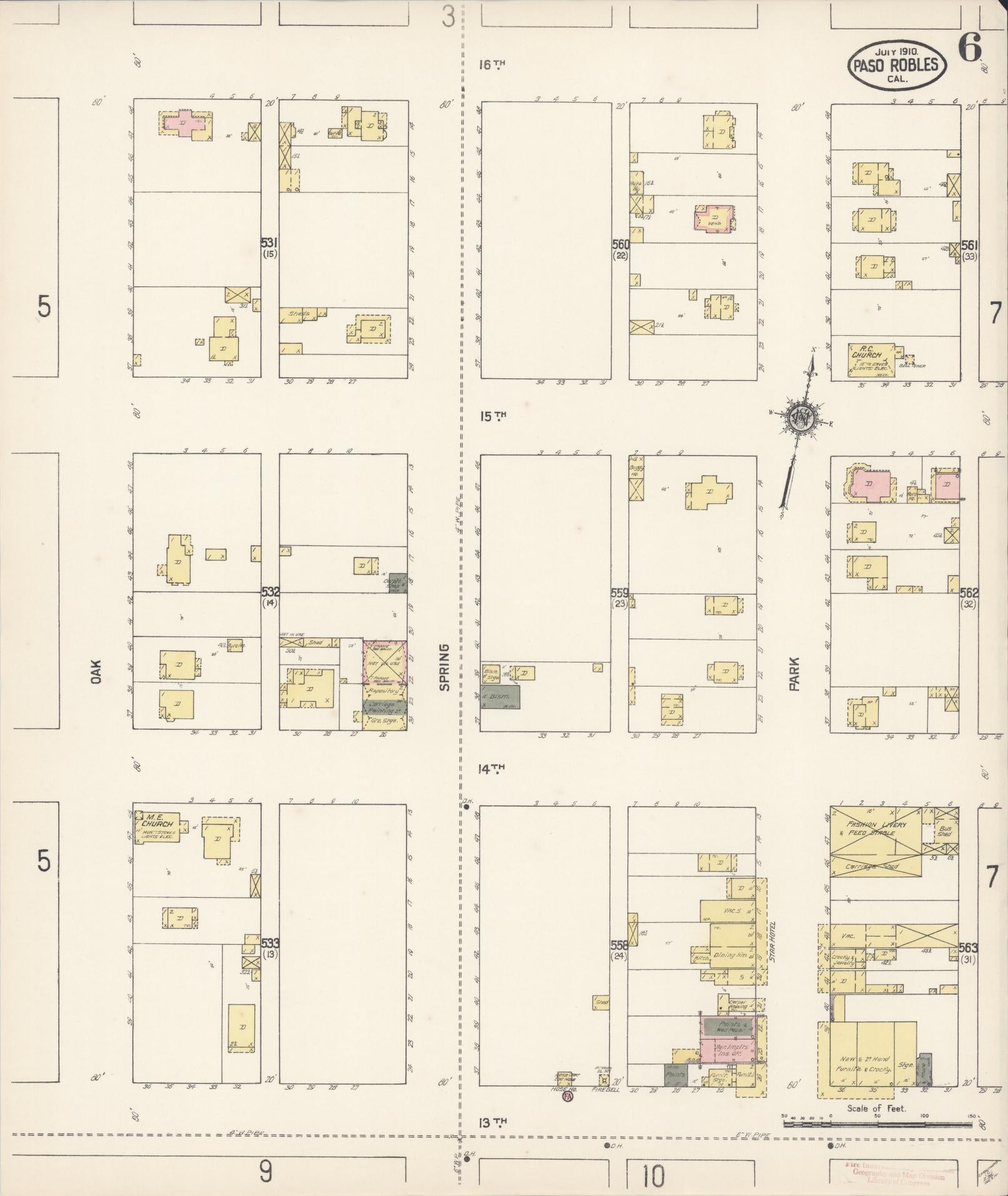 Sanborn Fire Insurance Map from Paso Robles, San Luis Obispo County, California (1910), Sheet #0006 - Complete Map Set gallery image, historic Sanborn map, vintage wall art, California California